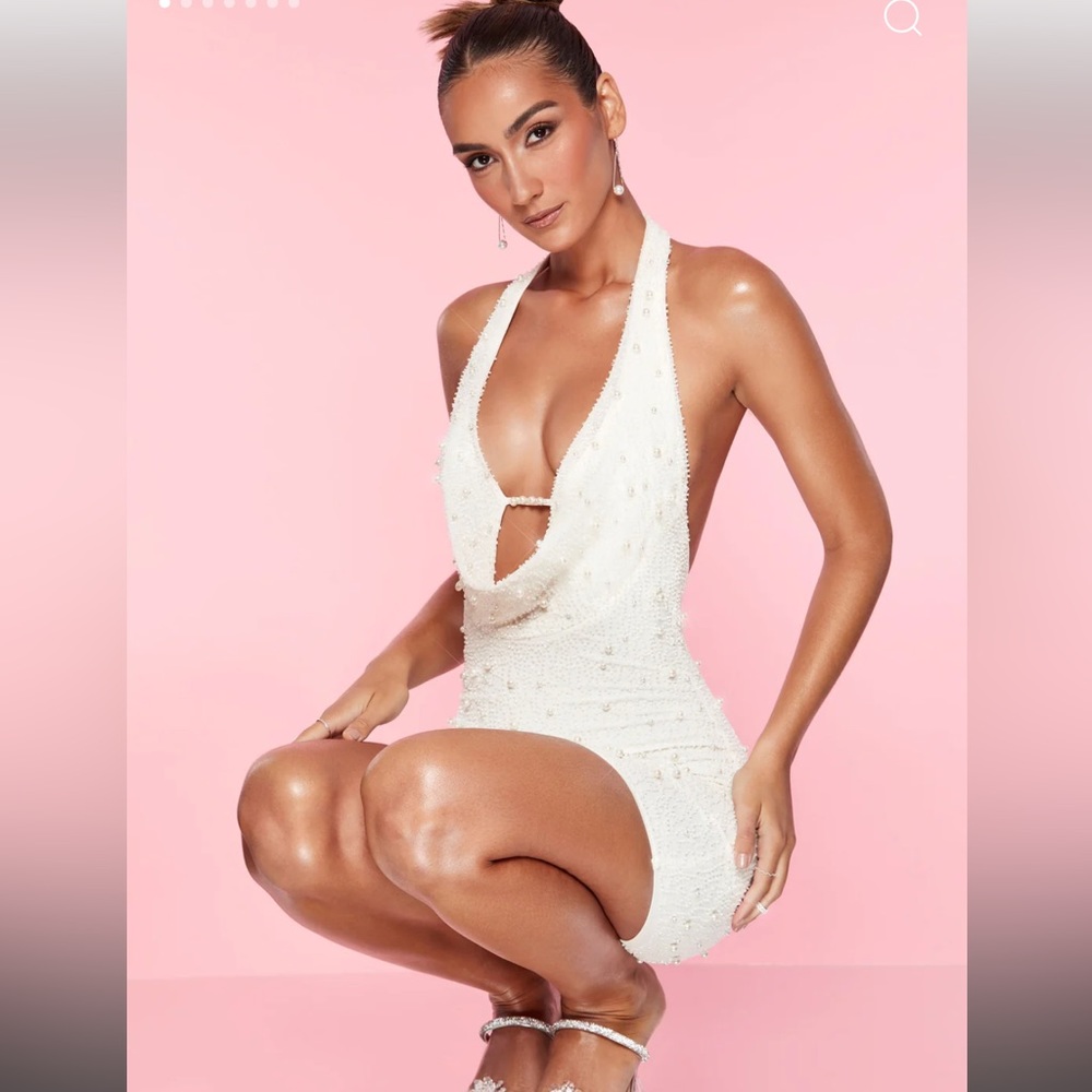 VERSAILLES - Deep Plunge Embellished Mini Dress in White